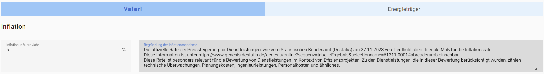 Eingabe der Inflationsrate in ENSPECTER mit Textfeld zur Begründung der Inflationsannahme