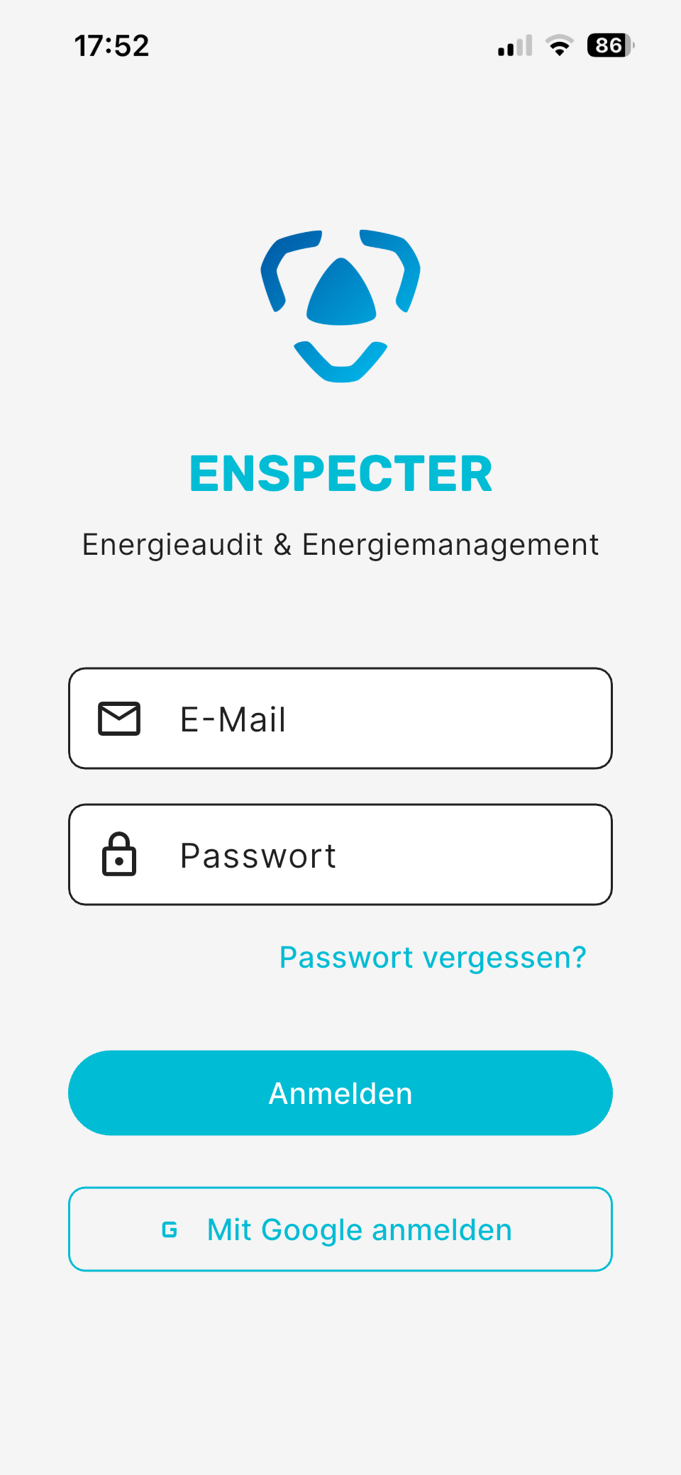 Login-Screen mit E-Mail, Passwort und Google-Sign-In