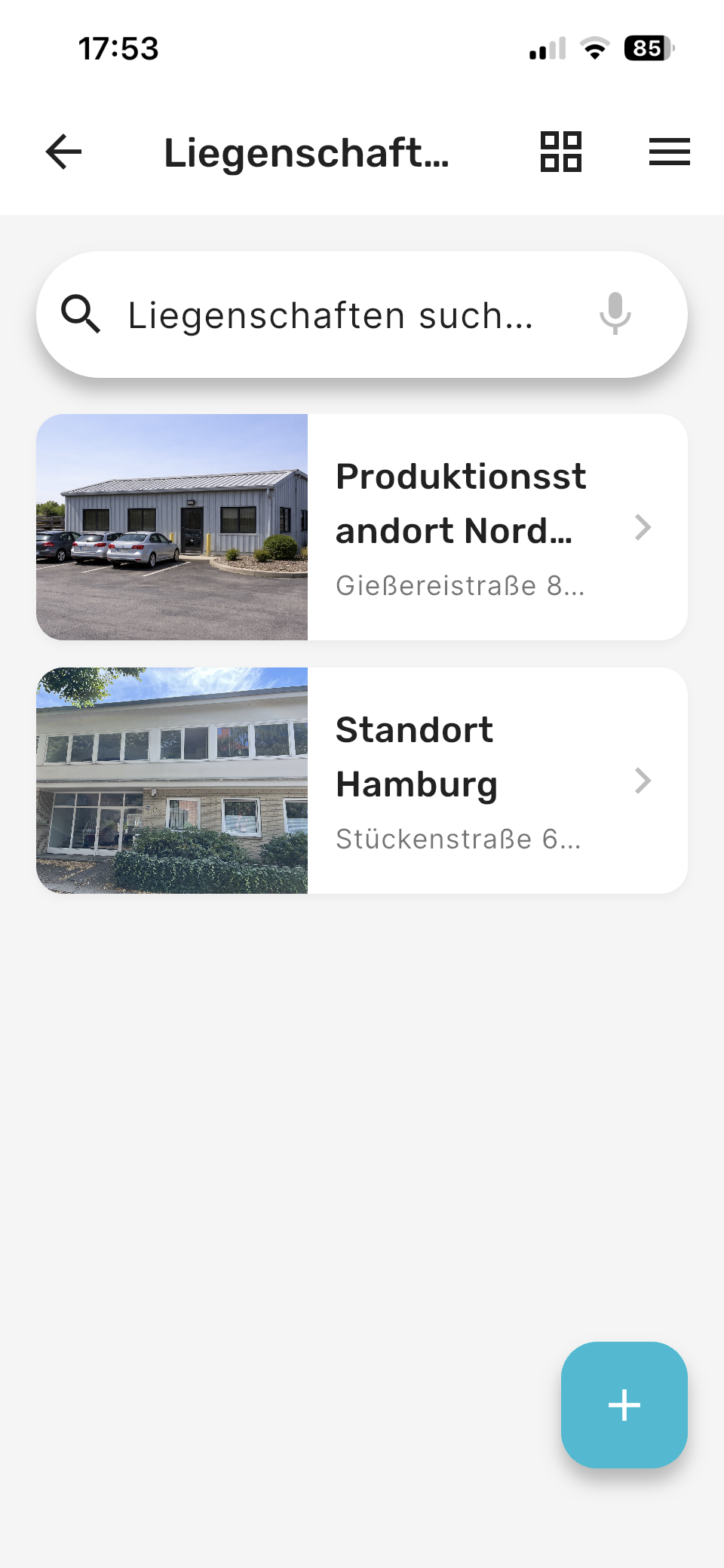 Liegenschaften-Liste mit Standort-Fotos und Suche