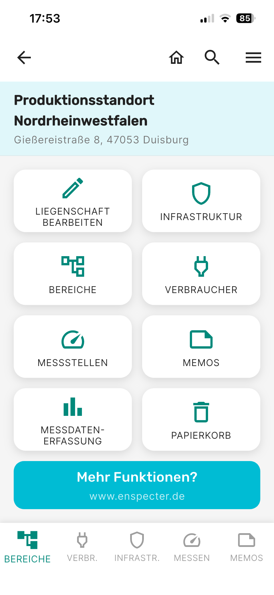 ENSPECTER App — Schnelleinstieg-Screen einer Liegenschaft mit acht Aktions-Kacheln