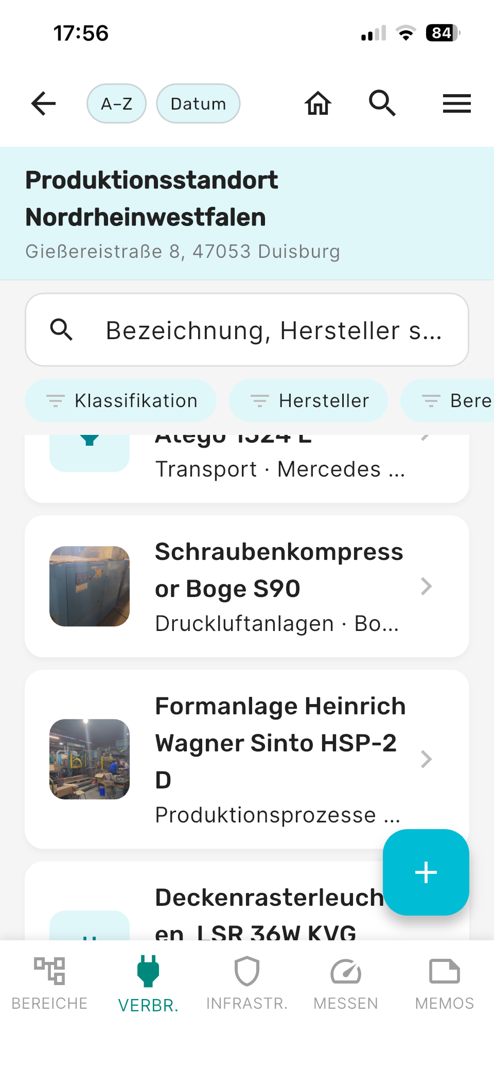 Verbraucher-Liste mit Filtern für Klassifikation, Hersteller, Bereich