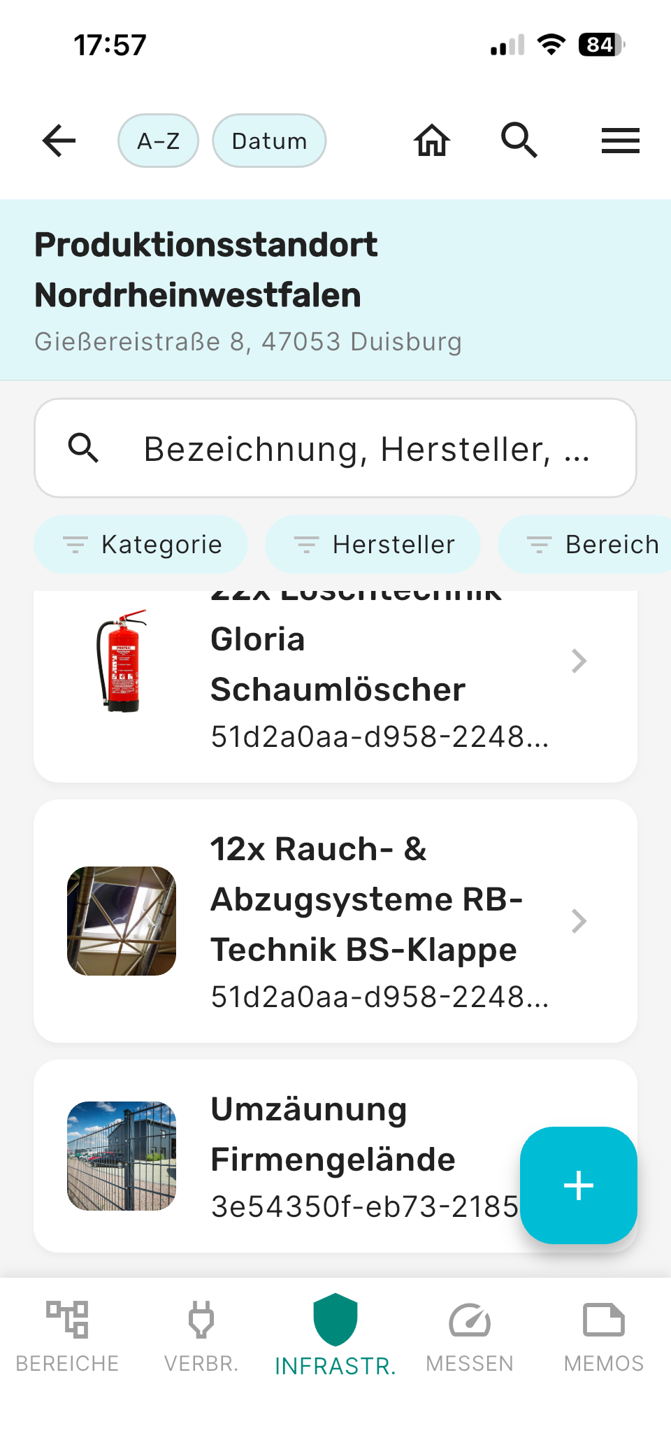 Infrastruktur-Liste mit Brandschutz, Löschtechnik und Umzäunung