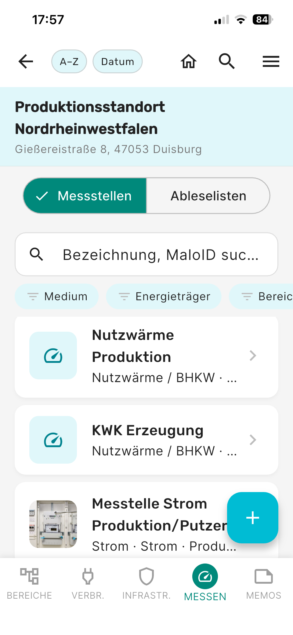 Messstellen-Tab mit Toggle zwischen Messstellen und Ableselisten